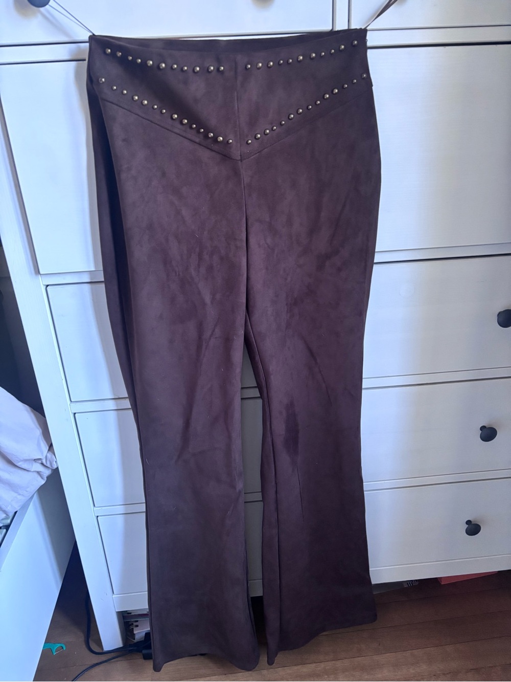 Zara Dark Brown Suede Flare Pants with Studded Waist